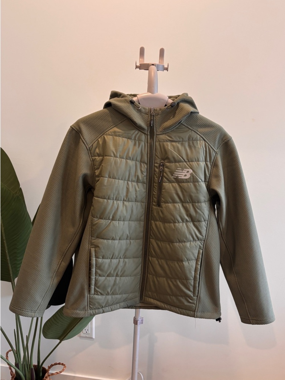 New Balance Olive Green Quilted Hooded Jacket with Zip Pull